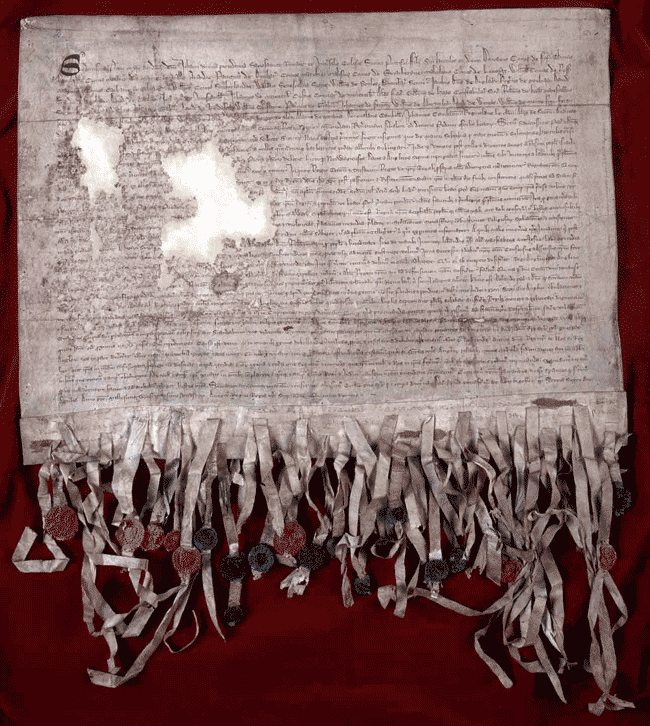 Image shows the Declaration of Arbroath. National Records of Scotland reference SP13/7